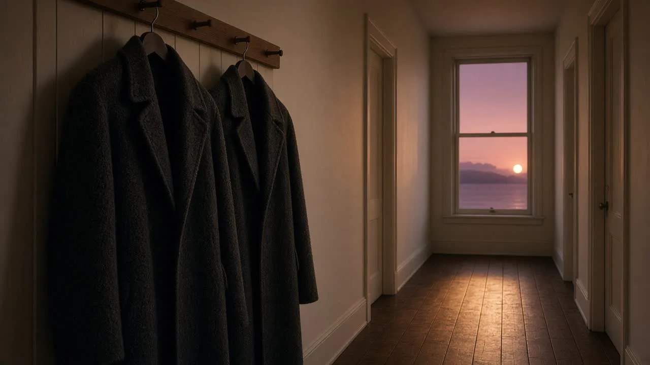 Two dark coats hanging side by side on a wooden peg rail in a cream hallway at dusk, a pale sun in the far window.