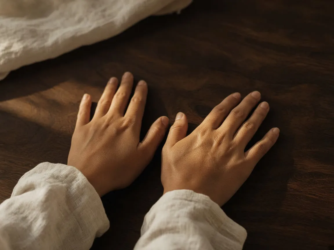 Two palms pressed flat on a dark wood table in warm side light — the skill start of the week.
