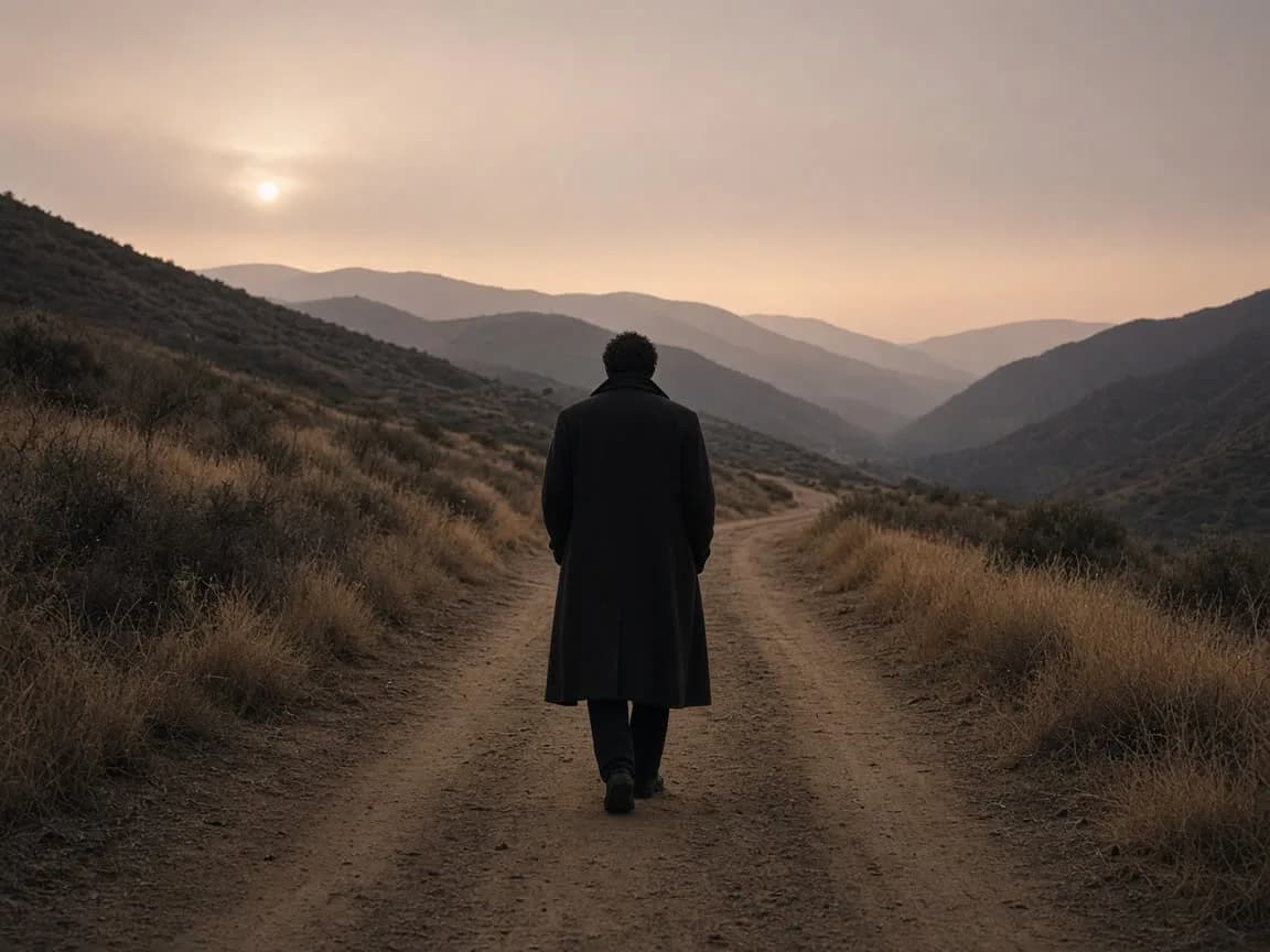 A person in a dark coat walking a dirt canyon fire road at dusk, back to camera, a pale sun in haze.