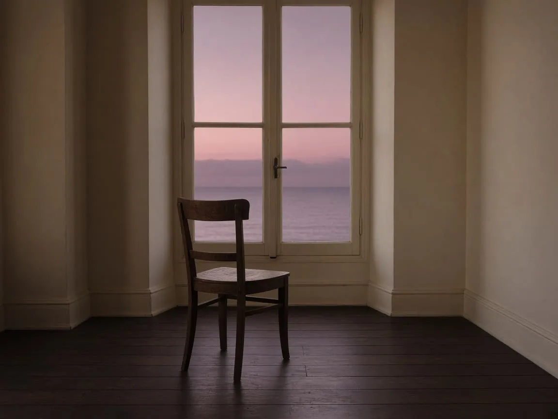 A dark corridor of empty doorways in dusk light — the thought, then the next room.