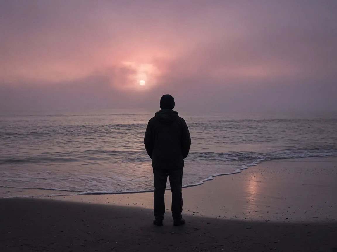 A solitary figure standing on wet packed sand at the waterline at dusk, back to camera, a pale sun in mauve haze.