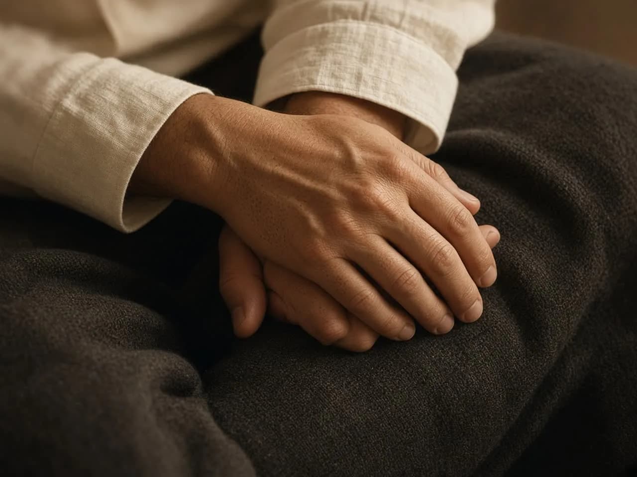 Two hands loosely folded in a lap on dark cloth in warm side light — the settle before processing.
