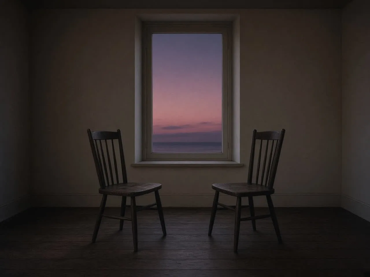 Two empty wooden chairs facing a small dusk window over a pale horizon, dark wood floor, cream wall.