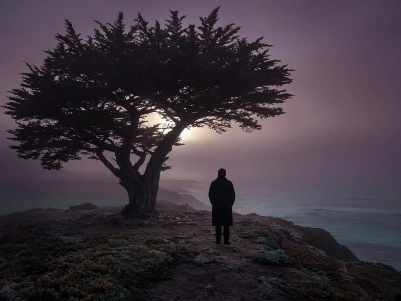 A solitary figure standing beneath a dark Monterey cypress on a coastal headland at dusk, back to camera, a pale sun in mauve fog.