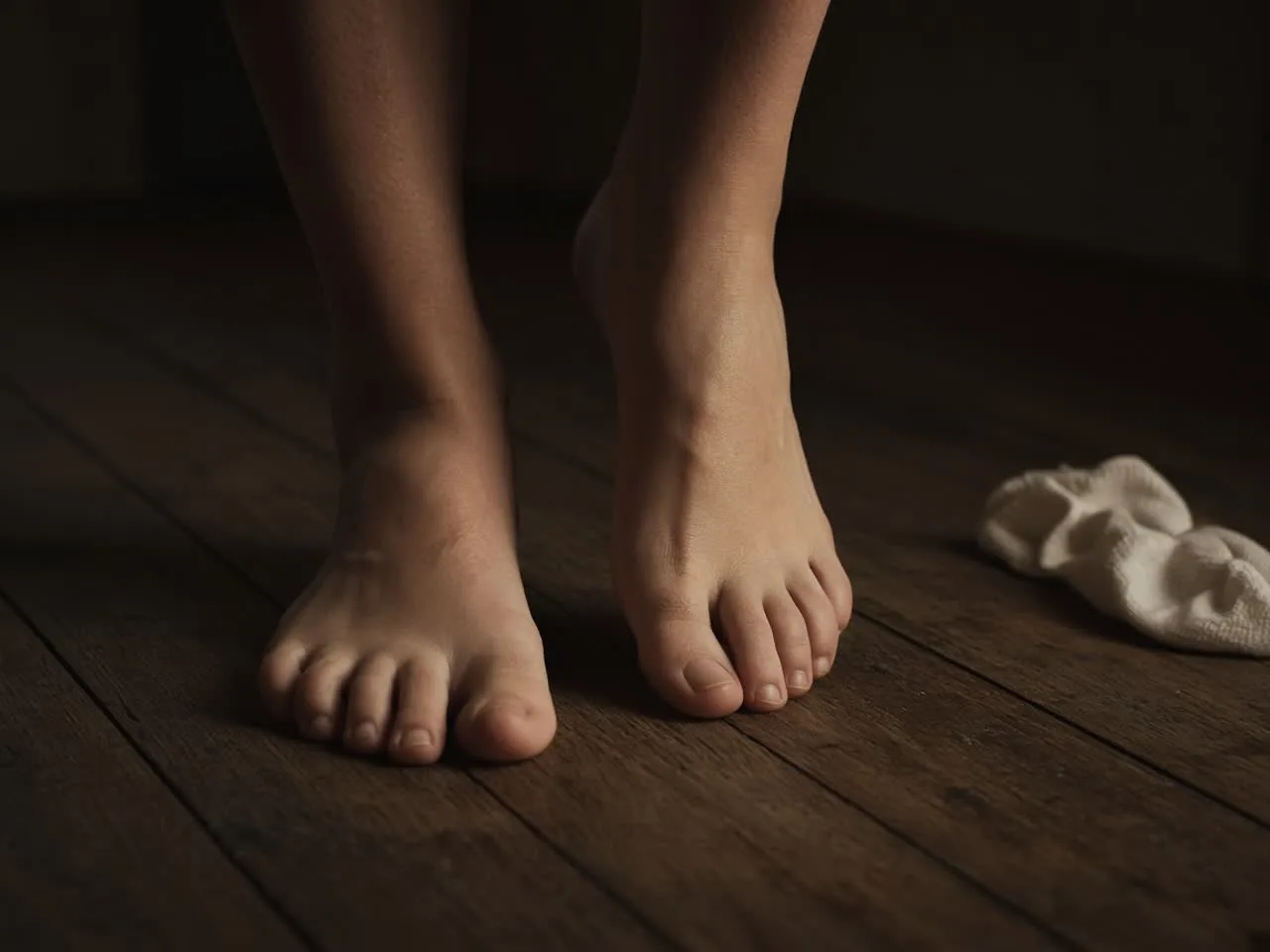Bare feet settling on dark oak floorboards in warm side light — the body start of the week.