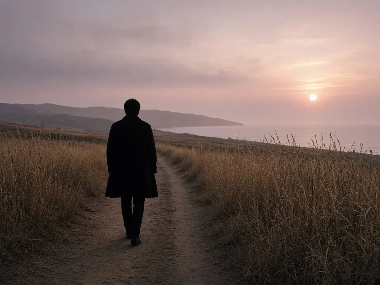 A person in a dark coat walking a narrow coastal fire road through tall dry grass at dusk, back to camera, a pale sun low right.