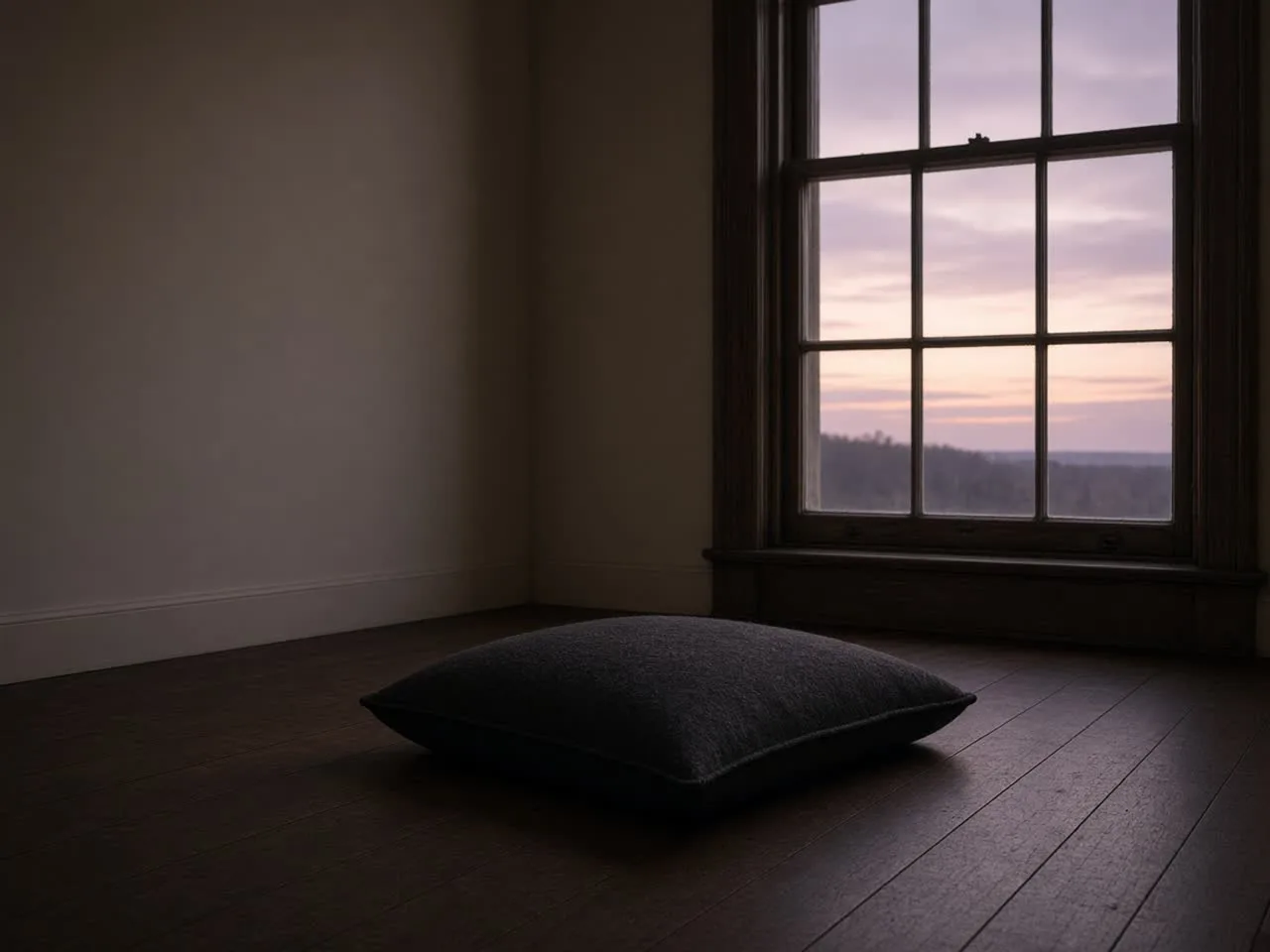An empty dark wool floor cushion beside a tall dusk window over a pale horizon, cream wall, dark wood.