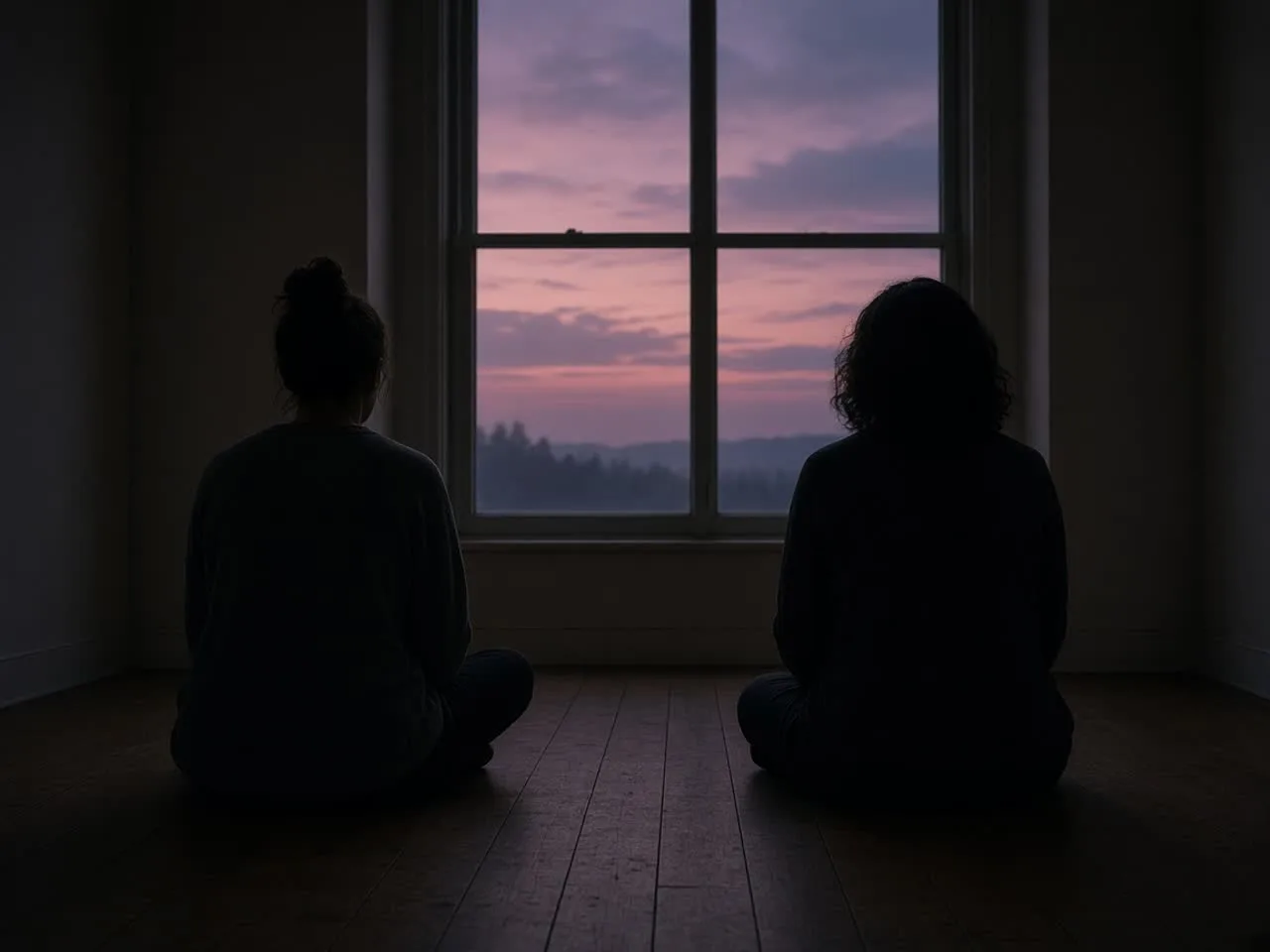 Two people sitting on a dark wooden floor with space between them, backs to camera, facing a tall dusk window.