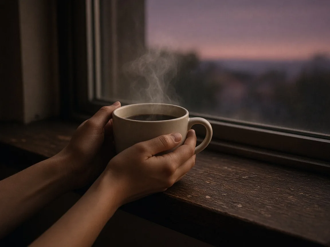 Hands around a ceramic mug by a dusk window, steam in warm side light.