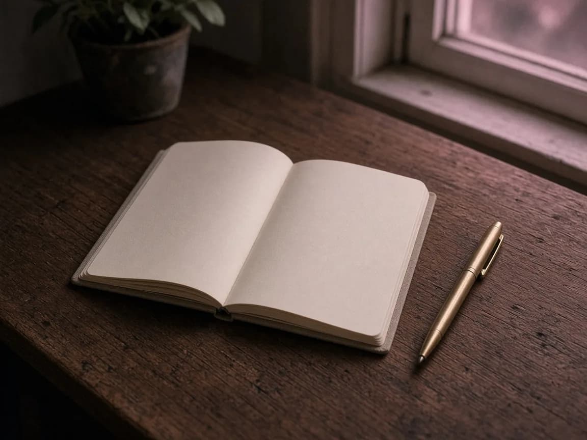 An open unwritten notebook on a teak table in mauve last light.