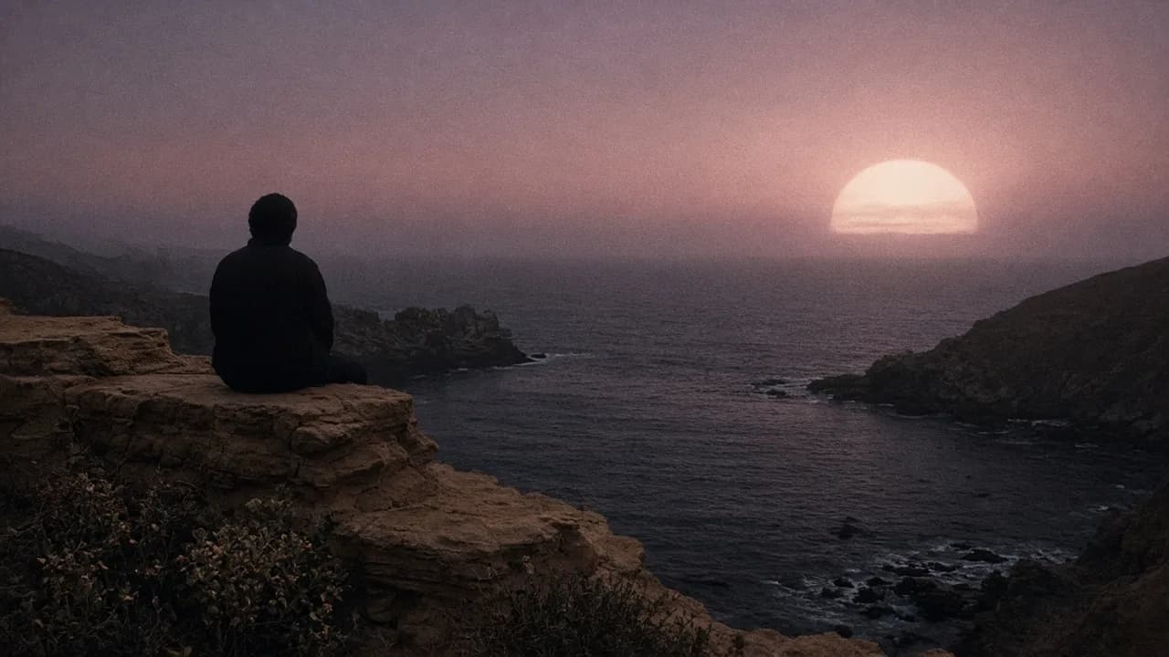 A solitary figure on a low sandstone wall above a dark cove, pale sun in mauve haze.