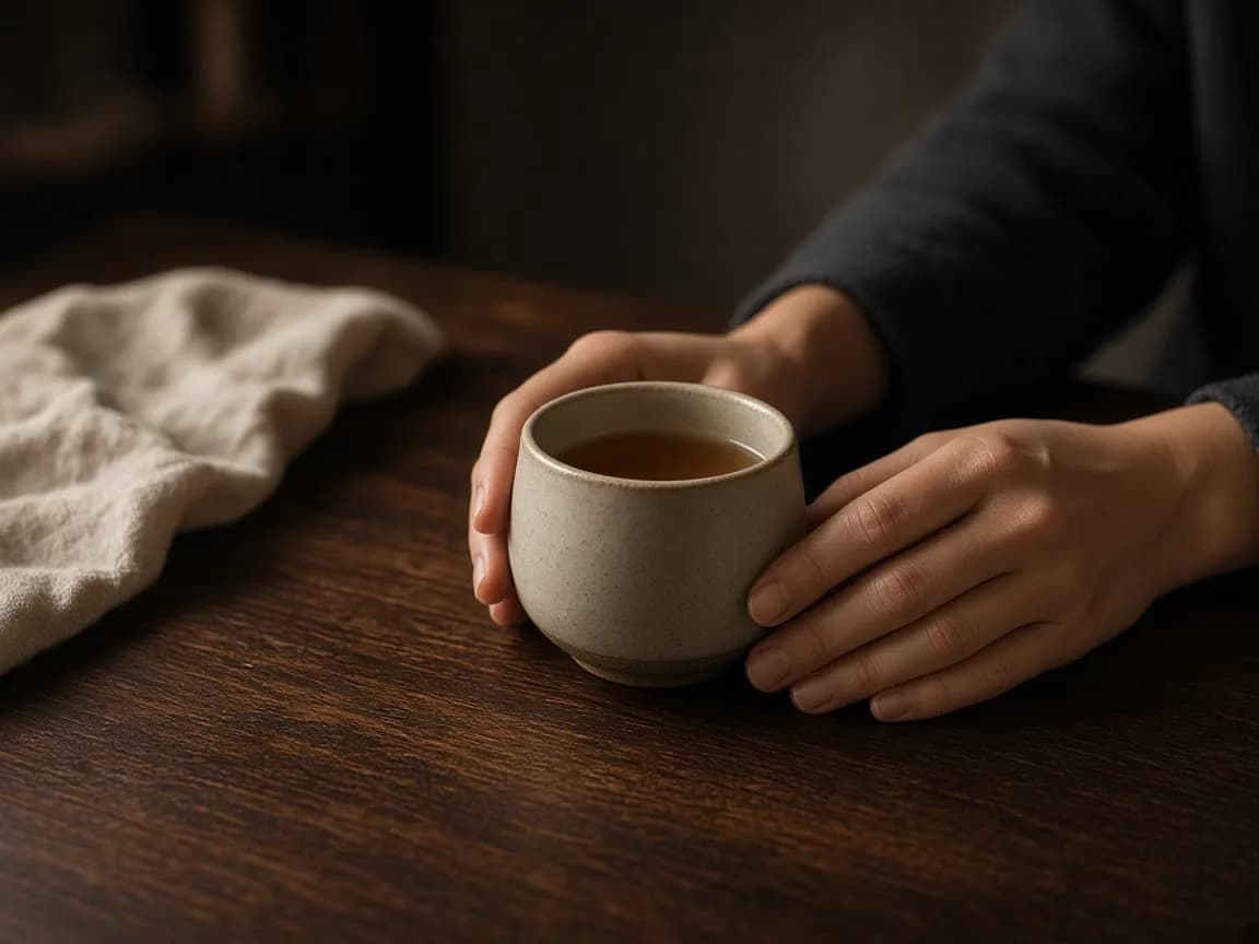 Two hands beside a ceramic cup on dark wood in warm side light — the skill start of the week.