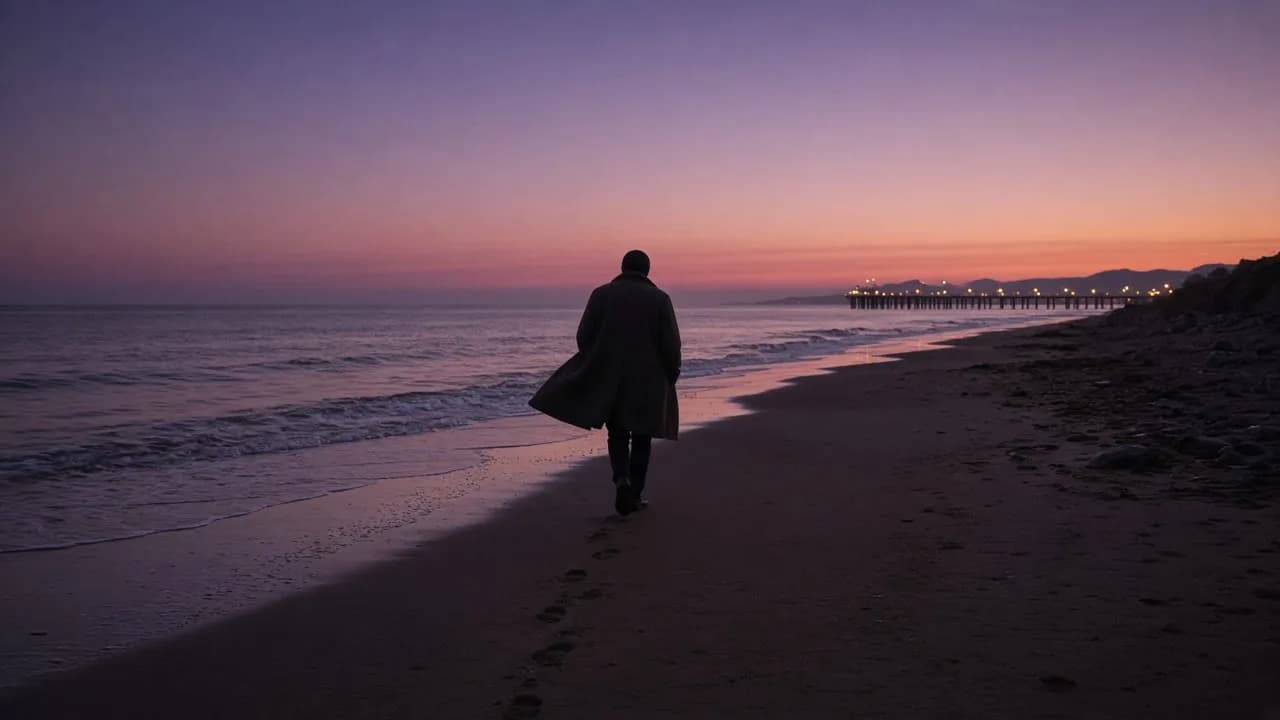 The back of a person in a wool coat walking a Laguna tide line at dusk, a pier in the distance.