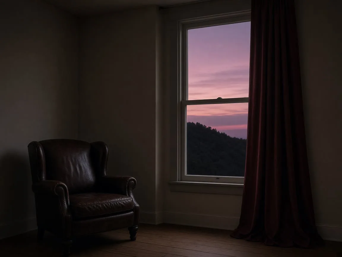 An empty leather armchair by a single window at dusk, a dark hillside in mauve light.