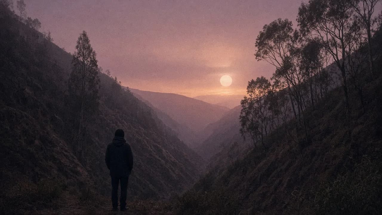 A solitary figure standing at a eucalyptus canyon mouth at dusk, a pale sun in mauve haze.