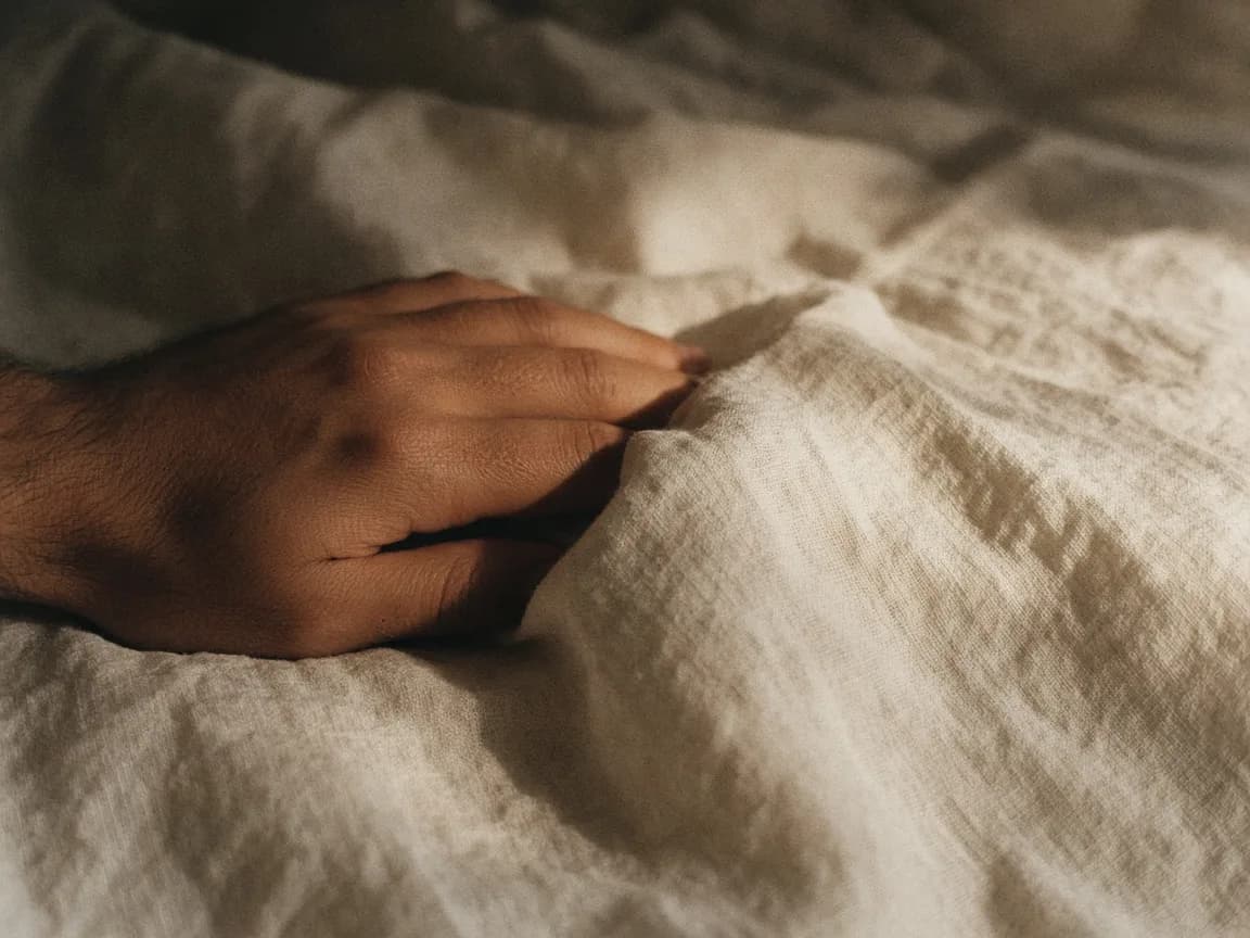 A hand at the edge of a linen sheet in warm side light — the somatic start of the week.