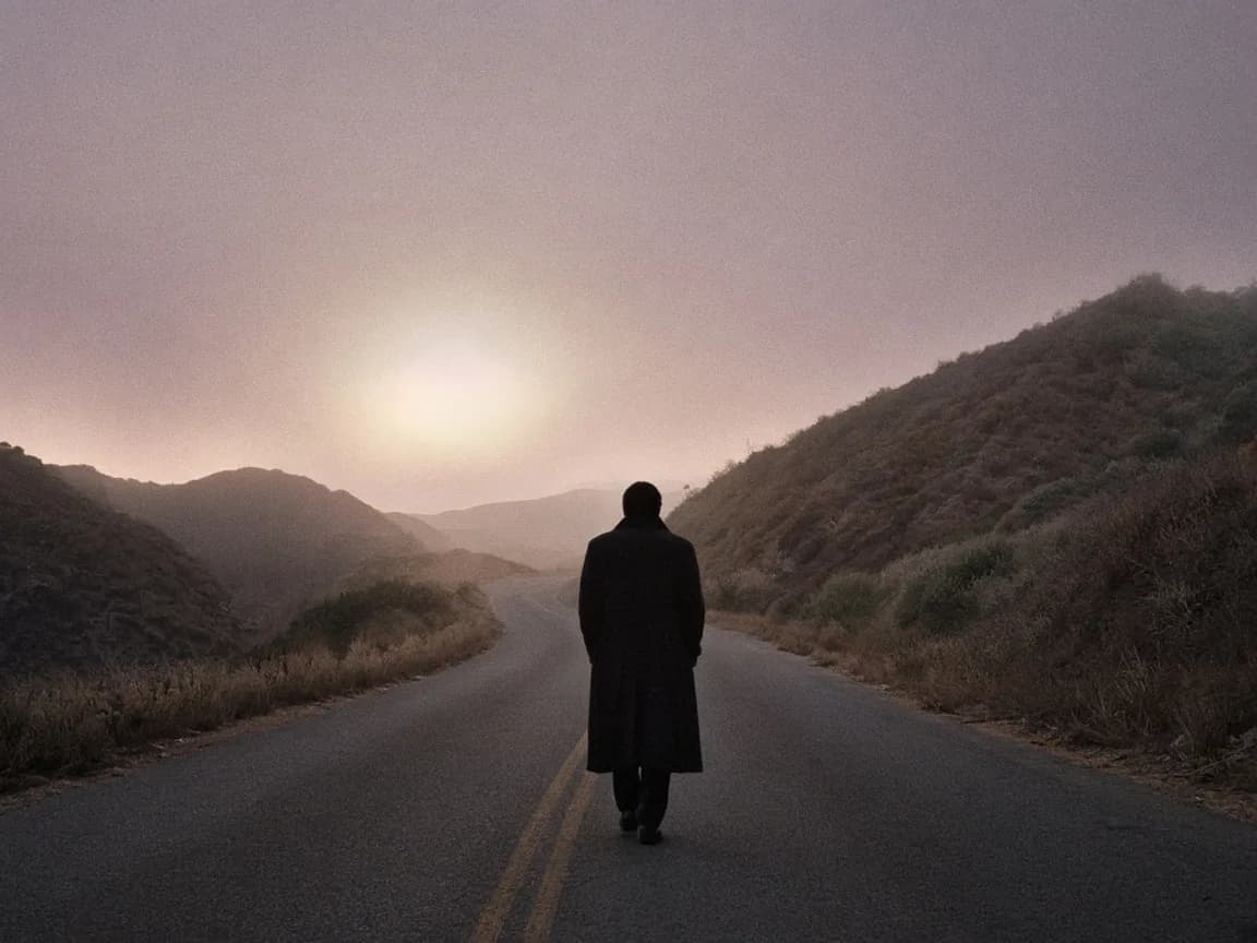 A person walking away down a Laguna Canyon road at dusk, back to camera.