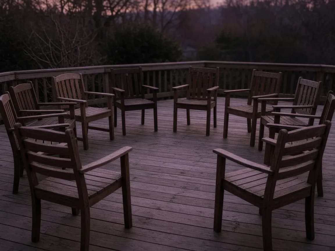 A circle of empty wooden chairs on a patio at dusk, mauve light on the boards.