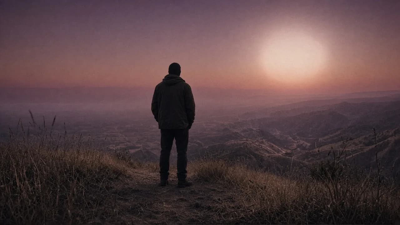 A solitary figure on a fire-trail ridge at dusk, a pale sun in mauve haze.