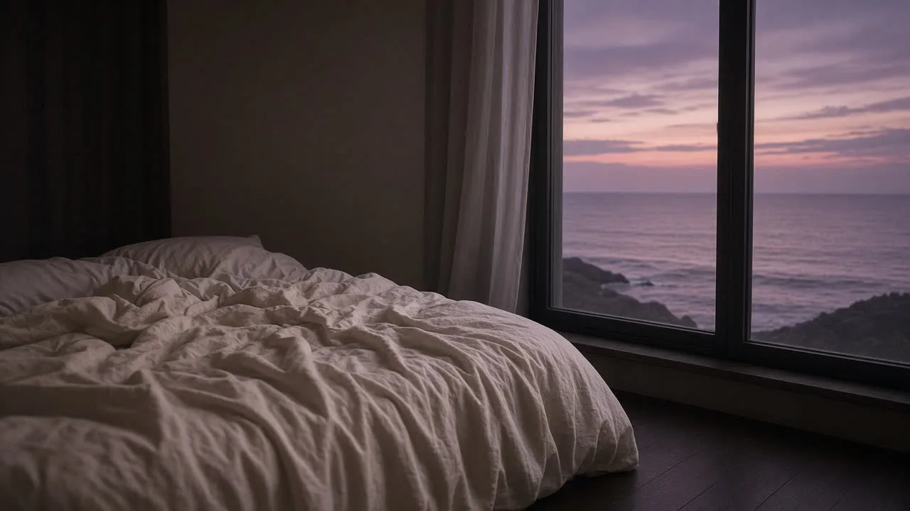 An empty unmade bed beside a tall window at dusk, mauve ocean light in the room.