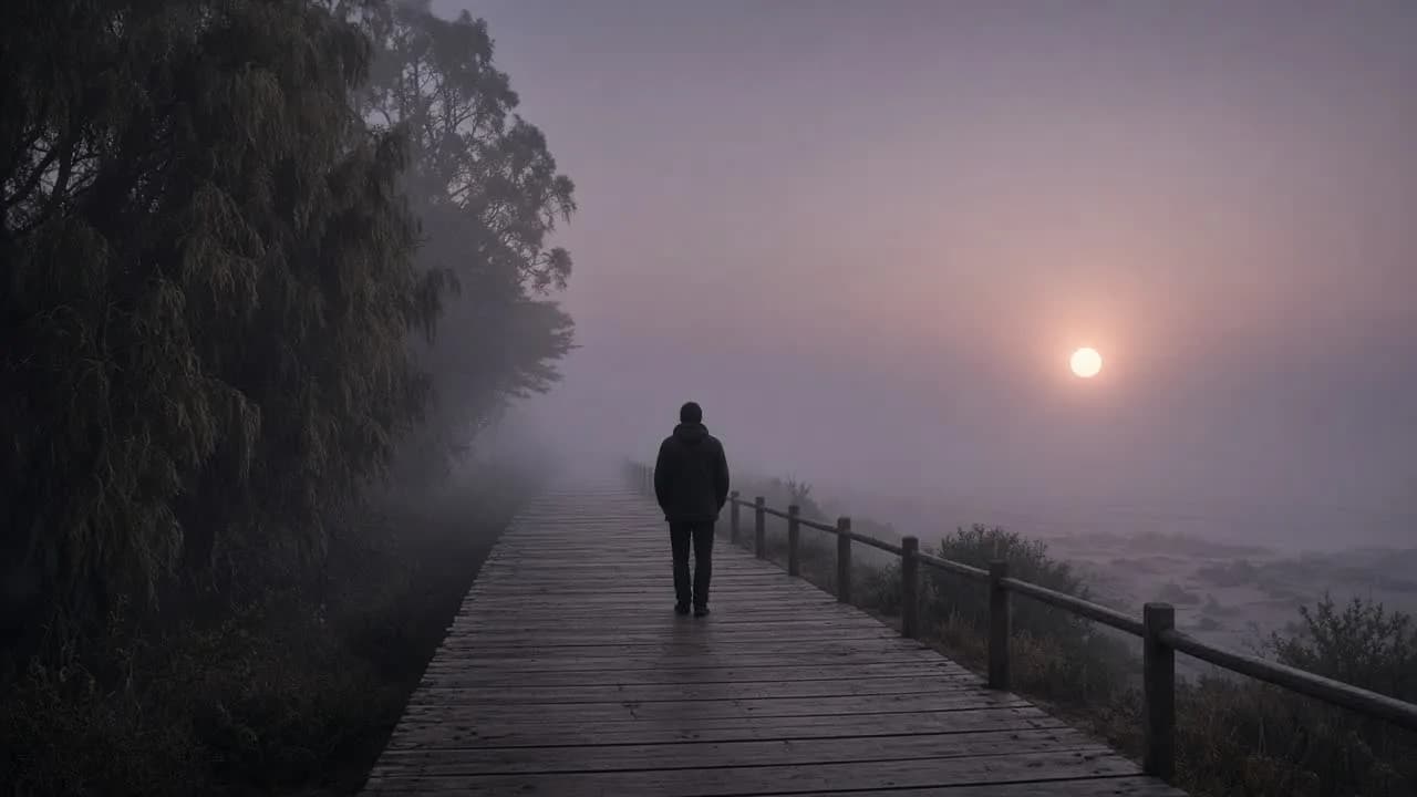 A solitary figure on a foggy coastal boardwalk at dusk, a pale sun in mauve haze.