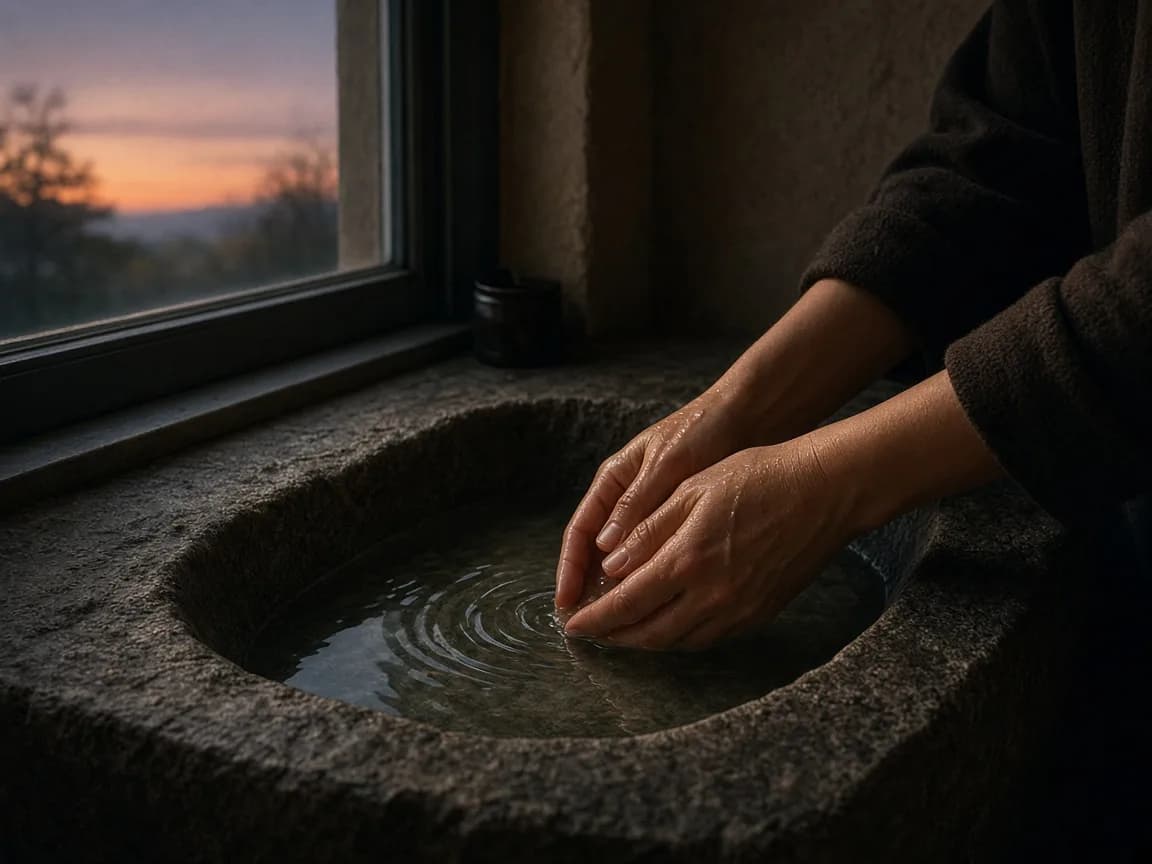 Hands at a stone sink under a dusk window, water still, warm side light.