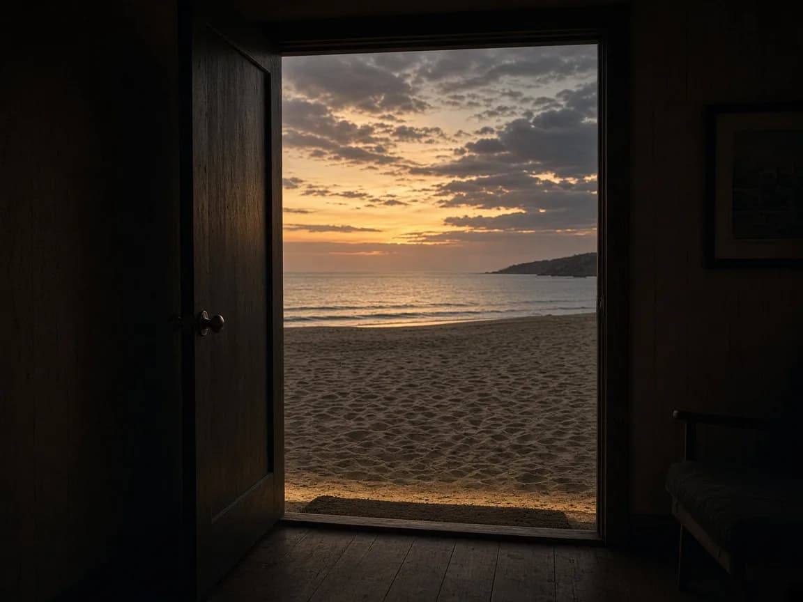 An open doorway onto the beach at dusk, threshold in last gold light.