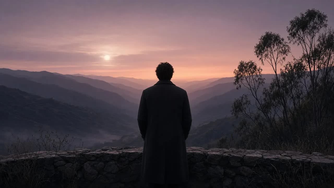A person in a dark coat standing at a canyon overlook at dusk, back to camera, a pale sun in haze.