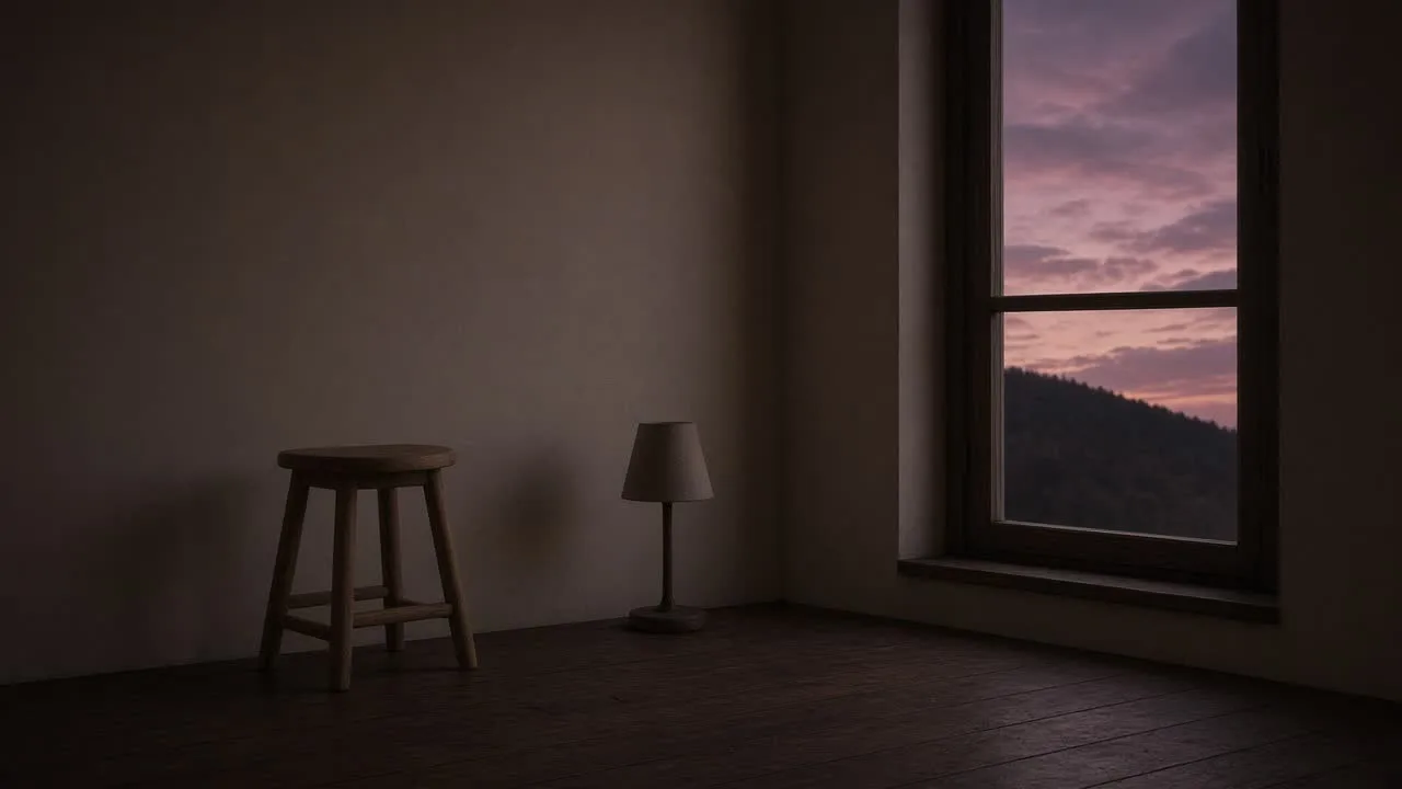 An empty wooden stool beside a single lamp at dusk, a mauve window in the room.
