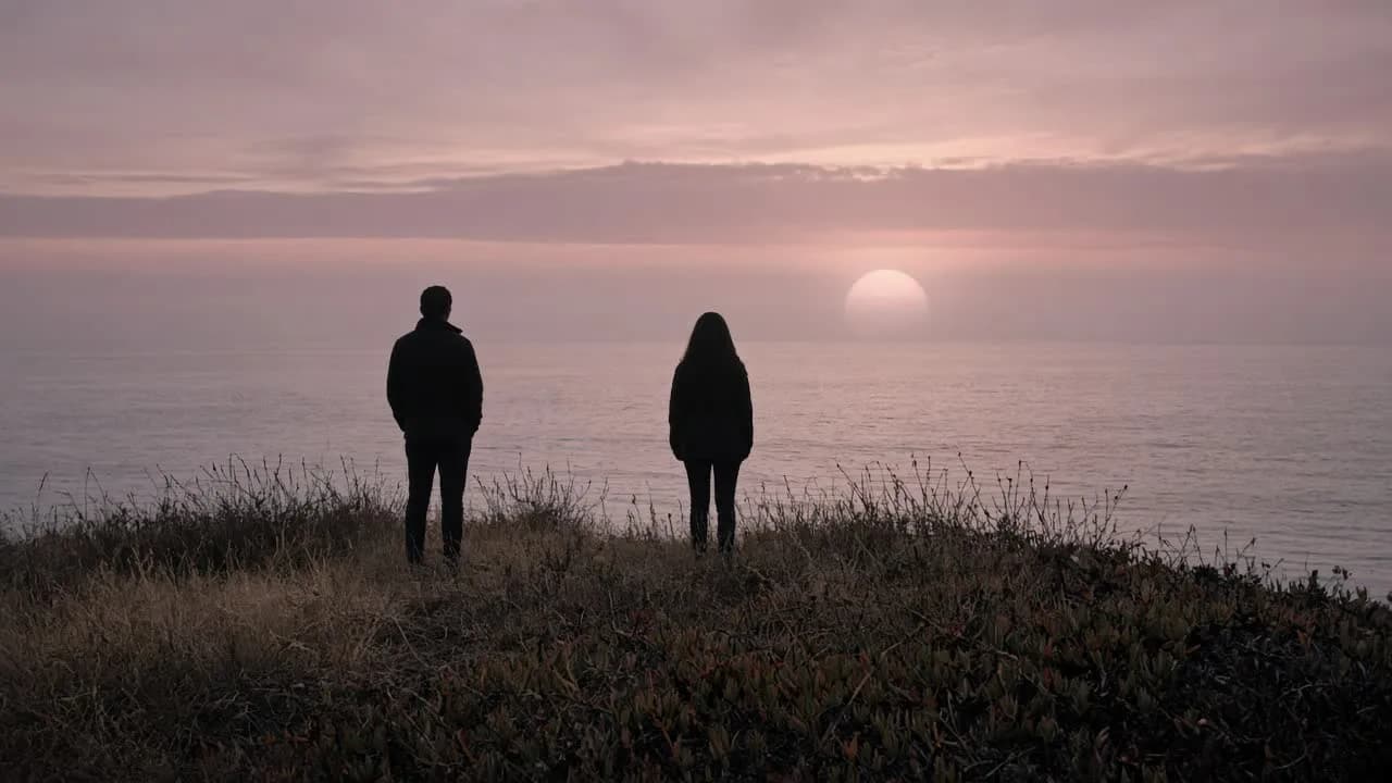 Two people standing in iceplant on a Laguna bluff at dusk, backs to camera, a hazy sun over water.