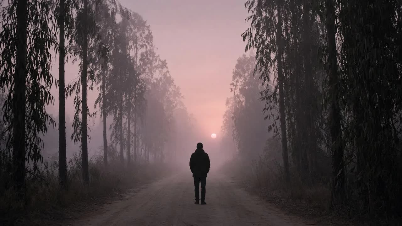 A solitary figure on a foggy eucalyptus road at dusk, a pale sun in mauve haze.