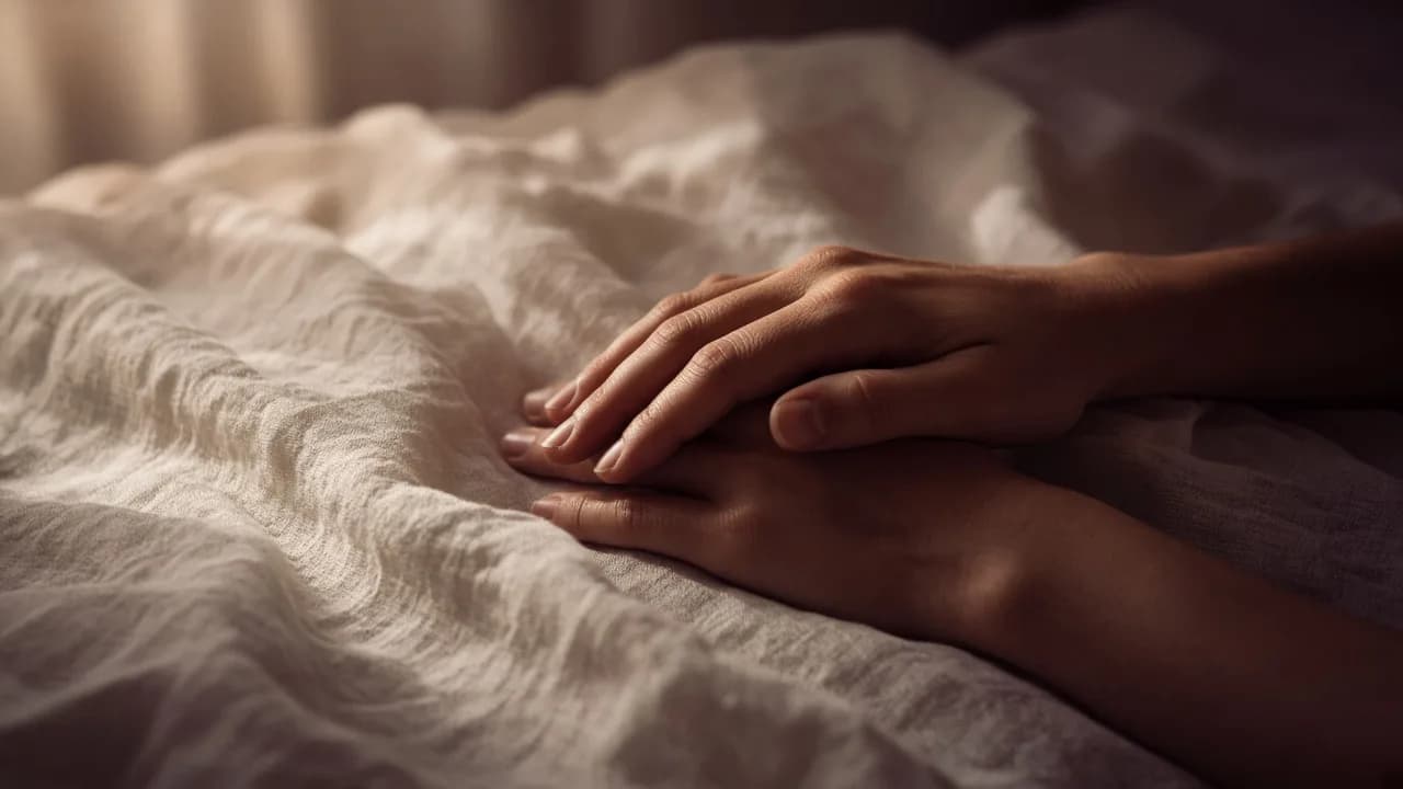 Two hands resting on cream linen in warm side light — the somatic start of the week.