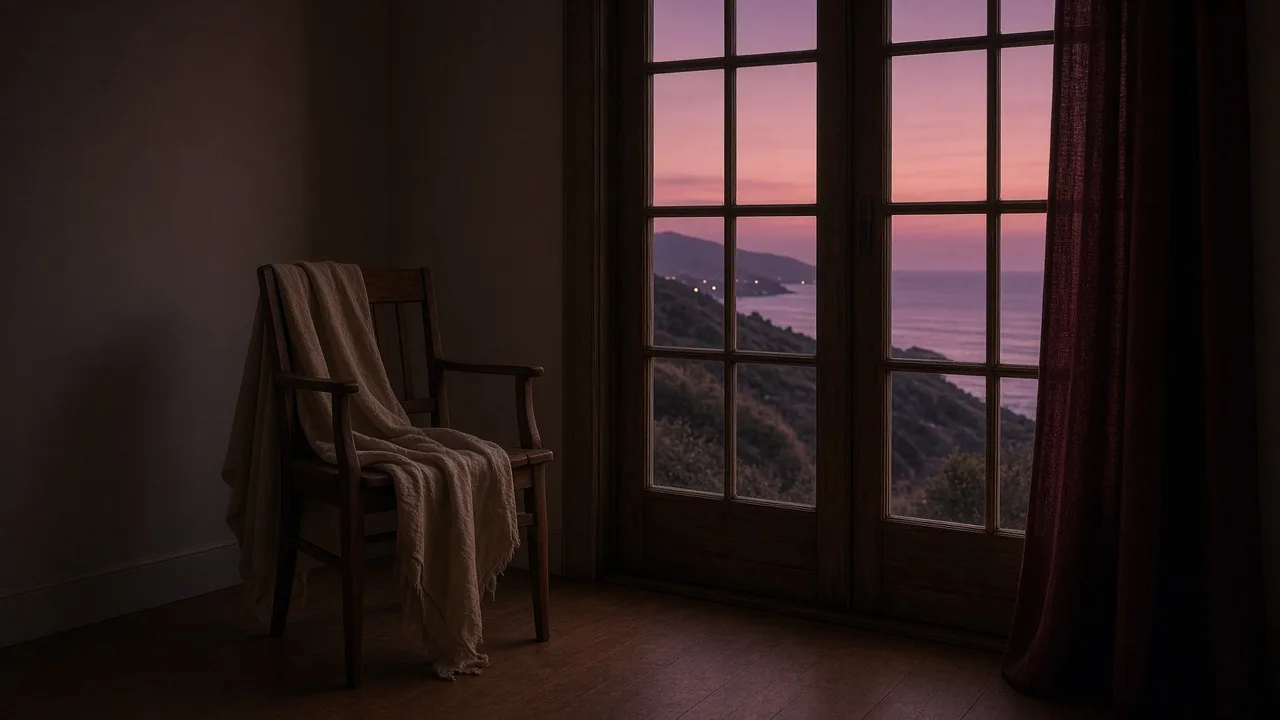 An empty wooden chair by French doors at dusk, the Laguna coast in mauve light.