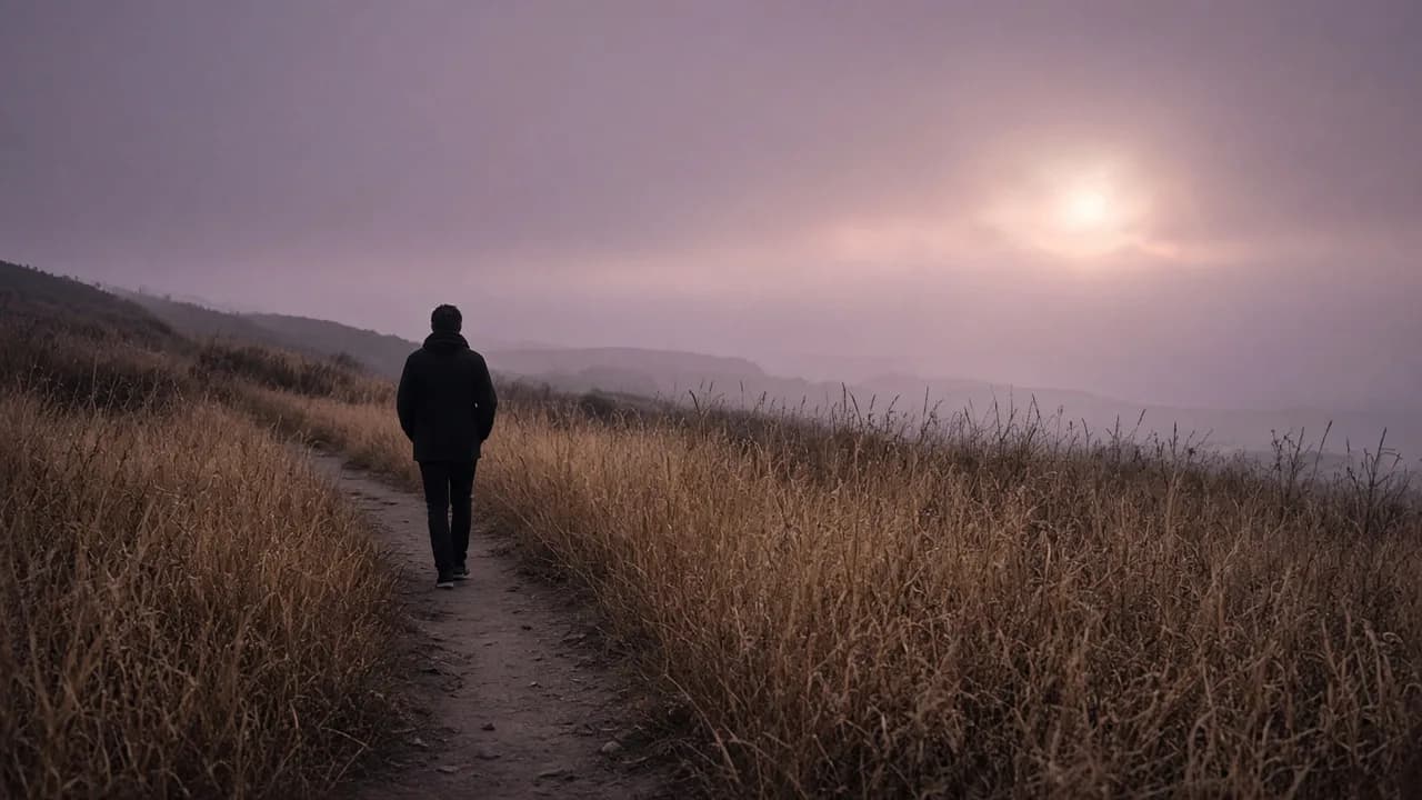 A person walking a hillside path through dry grass at dusk, back to camera.