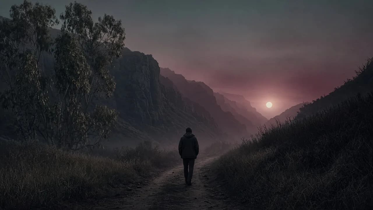 A solitary figure walking a Laguna Canyon path at dusk, a pale sun in mauve haze.
