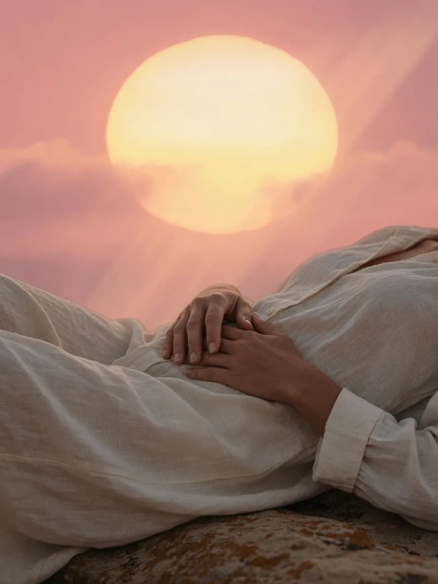 A person lying back on a dune at dusk, sky going mauve over the Pacific.