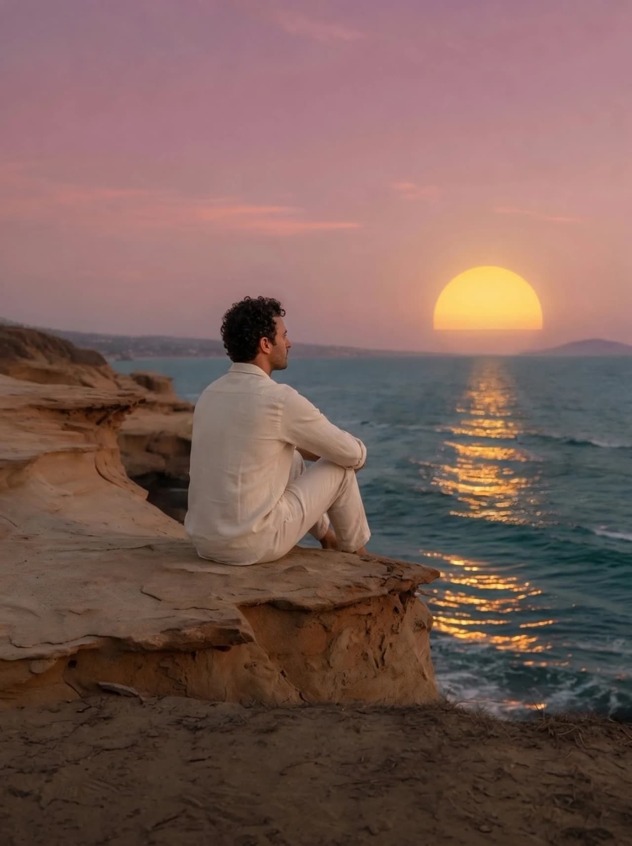 A person sitting on a Laguna sandstone cliff at dusk, looking toward the Pacific.