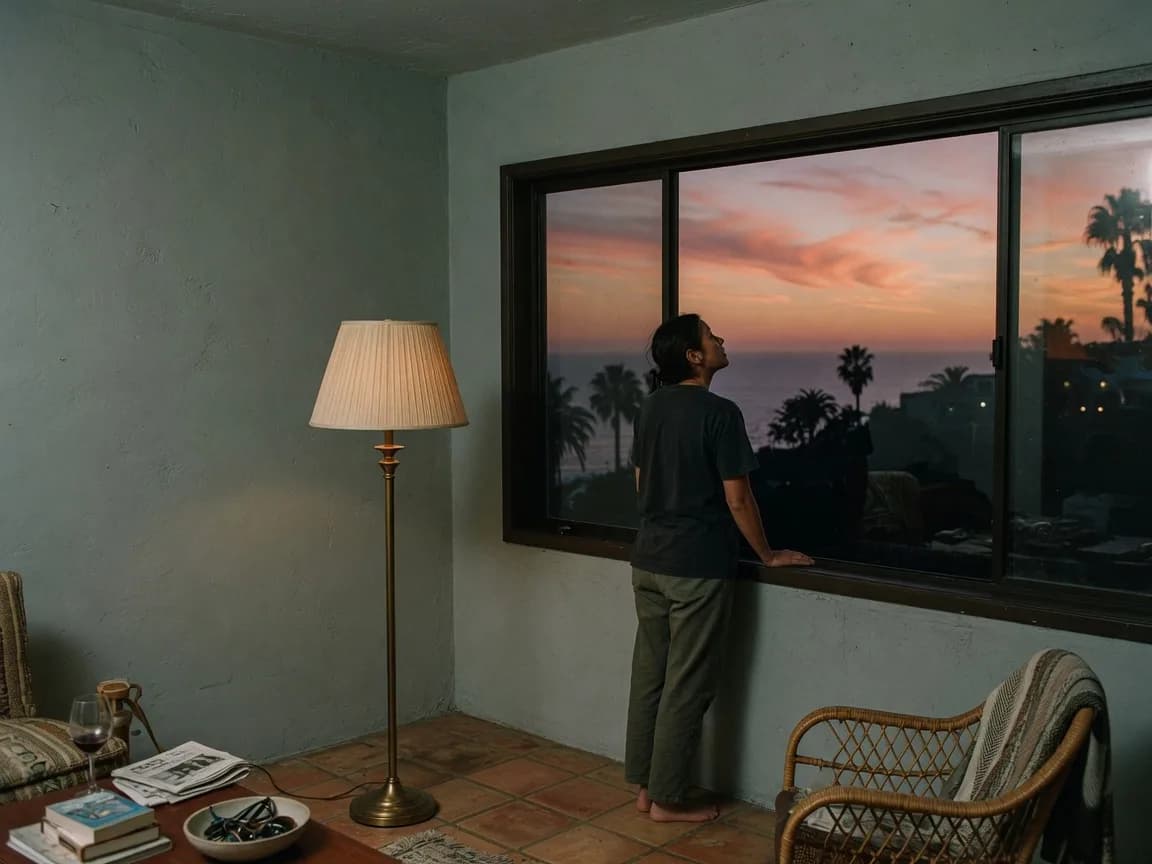 Dusk at a Laguna window, leftover Pacific sky after the clinical day.