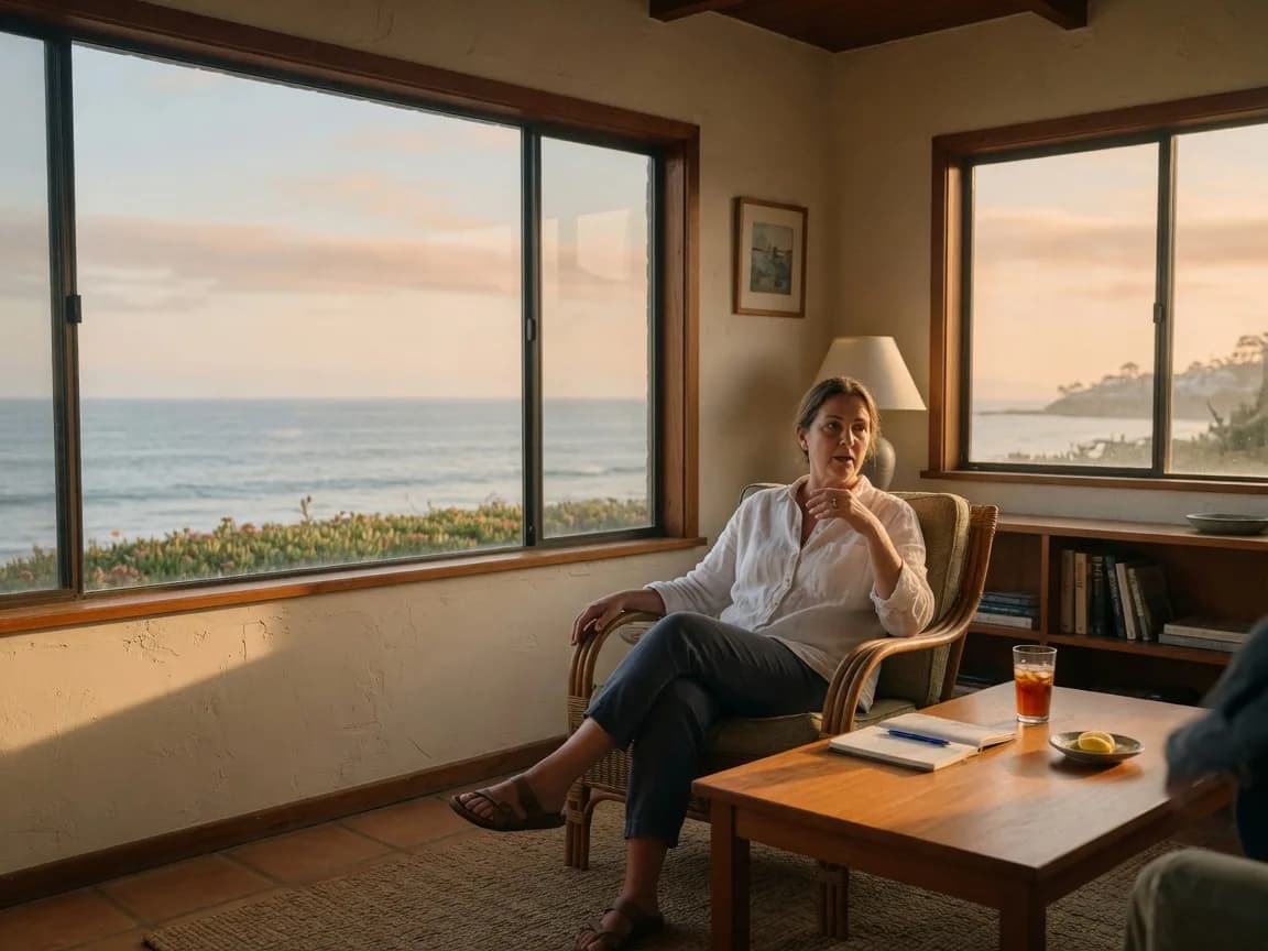A quiet conversation in a Laguna Beach sitting room in late afternoon light.