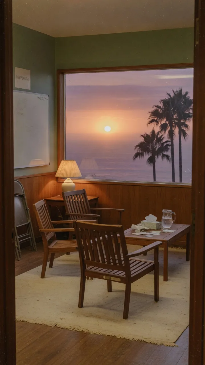 Empty teak chairs on a cream rug, facing a dusk Pacific window in Laguna Beach.